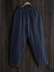 LUMIGAL Pantalones casuales sueltos de cintura elástica para mujer con forma cónica y bolsillos de unicolor - Azul marino - Ver 2