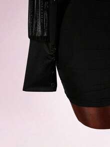Vestido mini ajustado con cuello en V blanco, cintura ceñida, para mujer, estilo romántico de primavera - Negro - Ver 6