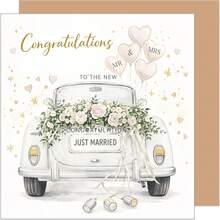 Premium Square Wedding Greeting Card, With Envelope, Wedding Couple Congratulations Card, Eucalyptus Wreath, Floral Pattern, Wedding Cake, Wedding Car - C - View 6