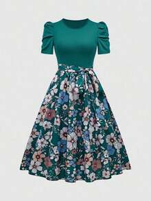Vestido de verano de longitud media con estampado floral elegante y patchwork para mujer - Multicolor - Ver 1