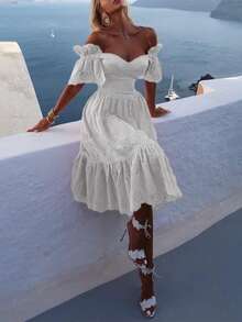 Vestido largo hombros al descubierto con estampado de lunares estilo sensual otoño - Blanco - Ver 2