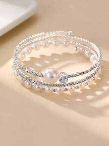 1pc Women's Teen Silver Pearl Rhinestone Bracelet, Suitable For Daily Decoration, Party Gift - Silver - View 4