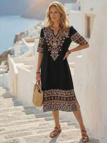 Women's Retro Print Mid-Length Casual Dress, Suitable For All Seasons, Stylish Vacation Outfits For Women, Floral Dresses, Spring Dresses For Women, Summer Outfits, Beach Outfits For Women, Casual - Pearl White - 查看 10