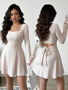Vestido casual de mujer de unicolor con cuello redondo, manga larga, espalda descubierta y costilla retorcida, para otoño, vestidos de otoño, atuendos de otoño para mujer, vestidos de invierno para mujer, vestido con lazo en la espalda, vestido de moda y versátil, para uso al aire libre, uso casual diario en el hogar - Albaricoque - Ver 7