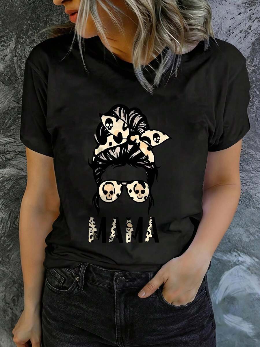 Camiseta de verano para mujer, de manga corta y estampada, moderna y casual, lavable a máquina y de ajuste cómodo. - Negro - Ver 1