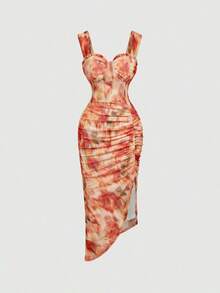 Vestido con estampado floral, plisado y dobladillo asimétrico con abertura, vestidos en tonos pastel para mujer - Multicolor - Ver 1