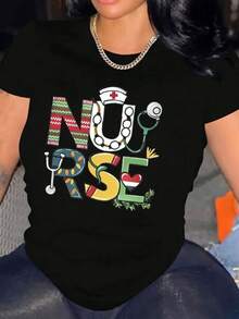 Camiseta manga corta cuello redondo 100% algodón, estampado trendy, tejido ligero y ventilado, estilo moda casual, apta para vida diaria, salidas informales y citas en primavera, verano y otoño - Negro - Ver 1