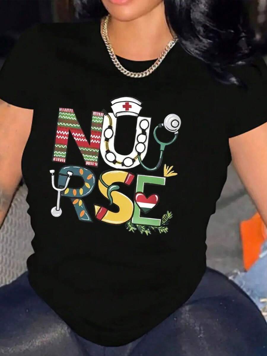 Camiseta manga corta cuello redondo 100% algodón, estampado trendy, tejido ligero y ventilado, estilo moda casual, apta para vida diaria, salidas informales y citas en primavera, verano y otoño - Negro - Ver 1