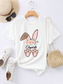 Producto Personalizado: Orejas de Conejo de Pascua con Diseños Florales, Personaliza con el Texto que Desees, Camiseta 100% Puras, Camiseta DIY con Diseño de Nombre Personalizado - [Blanco] - Ver 2