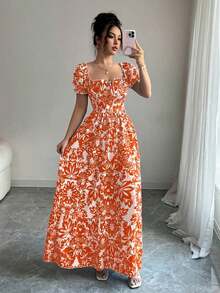 Nuevo Vestido Largo Elegante de Mujer con Mangas de Globo de Estampado Digital, Nudo Delantero, Recorte Trasero en la Cintura, Favorecedory Encantador para Vacaciones y Citas Nocturnas - Naranja - Ver 4