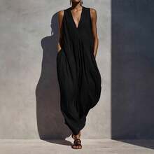 Vestido midi de verano para mujer escote en V unicolor talla grande moda vacaciones nuevo diseño - Negro - Ver 2