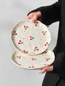 1pc/2pcs/4pcs 6-Inch Handmade Ceramic Plate, Underglaze Painted Cherry Cake Plate, Dessert Plate, Breakfast Bread Plate, Fruit Plate, Snack Plate, Nut Plate, Appetizer Plate, Also Can Be Used As Bone Dish, Suitable For Gatherings, Hotels, Elegant Gifts, Microwave, Oven, Dishwasher - Multicolor - View 7