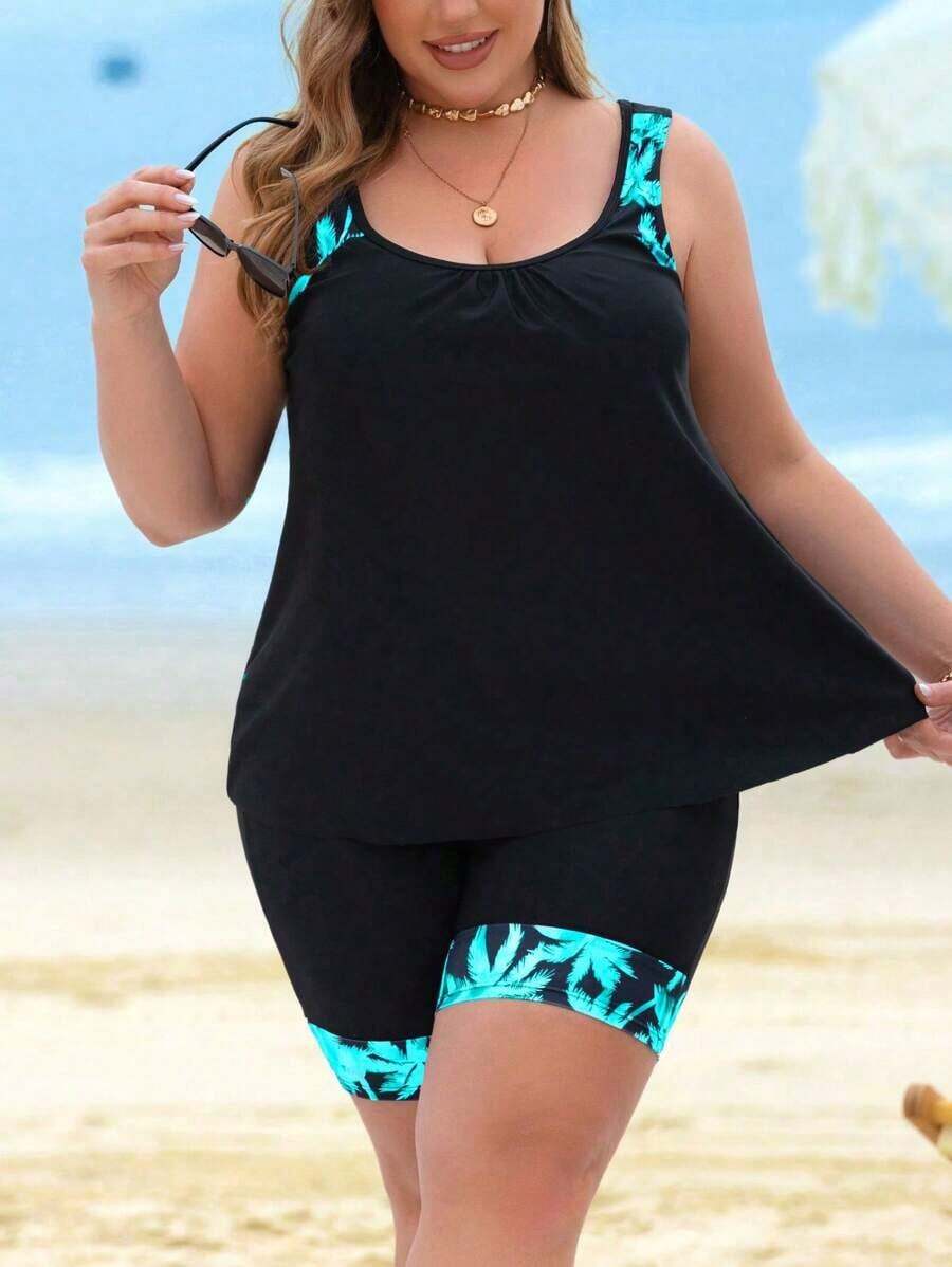 Swim Lushoire Conjunto de tankini de talla grande con estampado de árboles de coco y patchwork para la playa y vacaciones de verano - Negro 2 - Ver 1