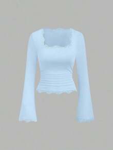 Conjunto de camiseta casual con cuello de encaje y mangas acampanadas estilo vintage francés para mujer, otoño - Multicolor 3 - Ver 4