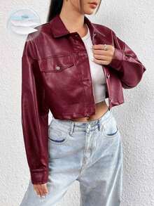1 pieza Chaqueta corta con detalle de solapa y hombros caídos, chaqueta casual de mujer para finales del otoño con botón, cuello regular, ajuste normal, color negro liso, para actividades al aire libre - Burdeos - Ver 8