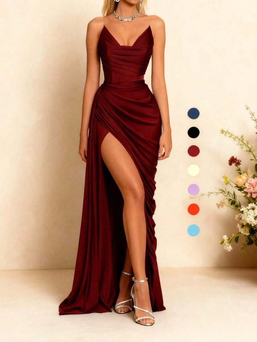 Vestido de verano WOWDARK, vestido elegante de fiesta con cuello en V, cintura con lazo y abertura alta, adecuado para el Día de San Valentín, citas, reuniones, fiestas, viajes, vacaciones, playa y otras ocasiones como bodas y primavera - Burdeos - Ver 1