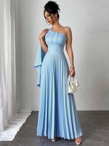 Nuevo vestido plisado sin mangas de color azul claro versátil para mujer, atuendo de vacaciones, vestido de verano - Azul - Ver 4