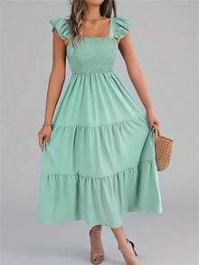 Nuevo vestido midi de unicolor con cuello cuadrado, casual, con espalda descubierta, volantes y sin mangas, color caqui, elegante para primavera/verano - verde menta - Ver 1