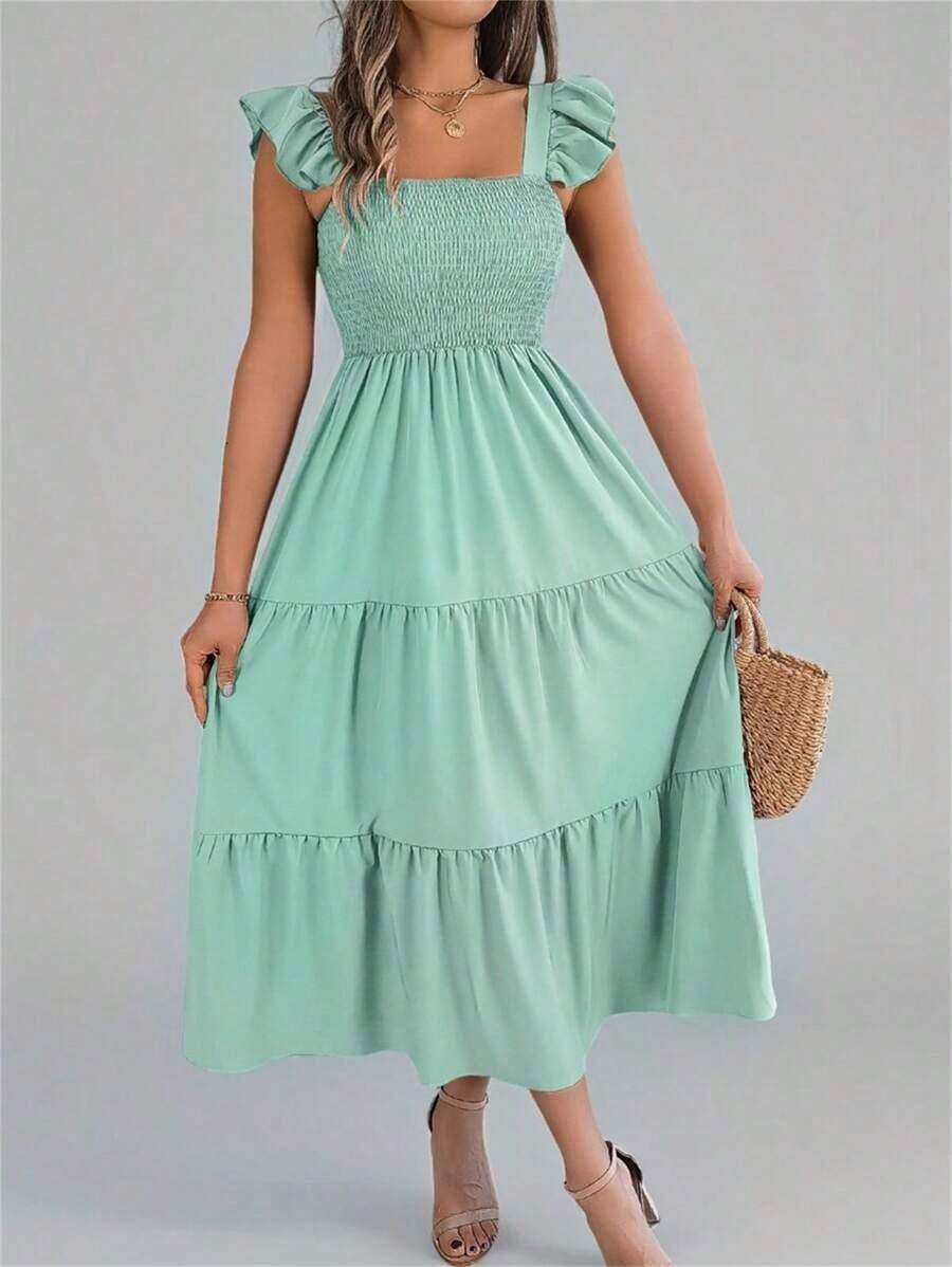Nuevo vestido midi de unicolor con cuello cuadrado, casual, con espalda descubierta, volantes y sin mangas, color caqui, elegante para primavera/verano - verde menta - Ver 1