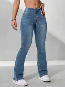ICON Pantalones vaqueros de tiro bajo casuales y ajustados con pierna campana y efecto desgastado para mujer - Lavado ligero 3 - Ver 7