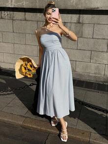 Vestido bandeau informal a rayas para mujer - Azul y blanco - Ver 6