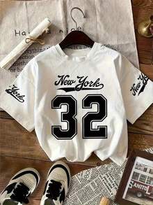 Women's Casual Short Sleeve T-Shirt With Number 32 Design - Black And White Graphic Tee For Travel, Parties, And Everyday Wear - Spring/Summer Essential, Women's T-Shirts, Party Wear, Stylish, Comfortable Fit - 白色 - 查看 8