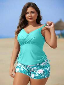 Swim Lushoire Set de 2 piezas de tankini con estampado floral para mujeres de talla grande - verde menta - Ver 6
