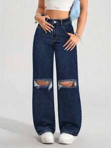 PETITE Vaqueros anchos y holgados de tela vaquera con bolsillos y efecto desgastado, de uso versátil y casual para mujer - Azul - Ver 1