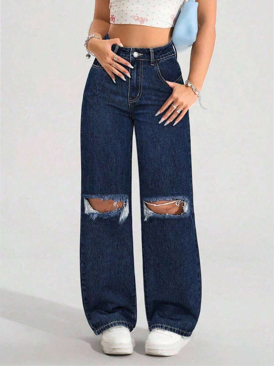 PETITE Vaqueros anchos y holgados de tela vaquera con bolsillos y efecto desgastado, de uso versátil y casual para mujer - Azul - Ver 1
