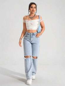 PETITE Vaqueros anchos y holgados de tela vaquera con bolsillos y efecto desgastado, de uso versátil y casual para mujer - Azul 2 - Ver 3