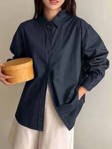 Camisa holgada con botones y hombros caídos, manga larga, ropa de otoño - Azul marino - Ver 5