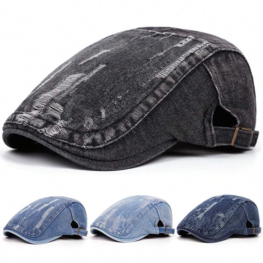 1 chiếc mũ lưỡi trai denim bạc màu, kiểu mũ Ivy Newsboy cổ điển, mũ beret vành cong điều chỉnh được, kiểu dáng thường ngày. - A - Xem 1