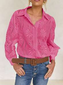 Blusa blanca de mujer, blusa blanca de manga larga con empuñadura de unicolor bordada, adecuada para uso diario, viajes, Día de la Madre, cumpleaños y fiestas en la playa - Rosa Fucsia - Ver 9
