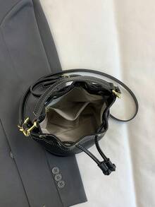 Bolso de cubo para mujer, bolso de hombro cruzado casual de paja con cordón - Beis - Ver 7