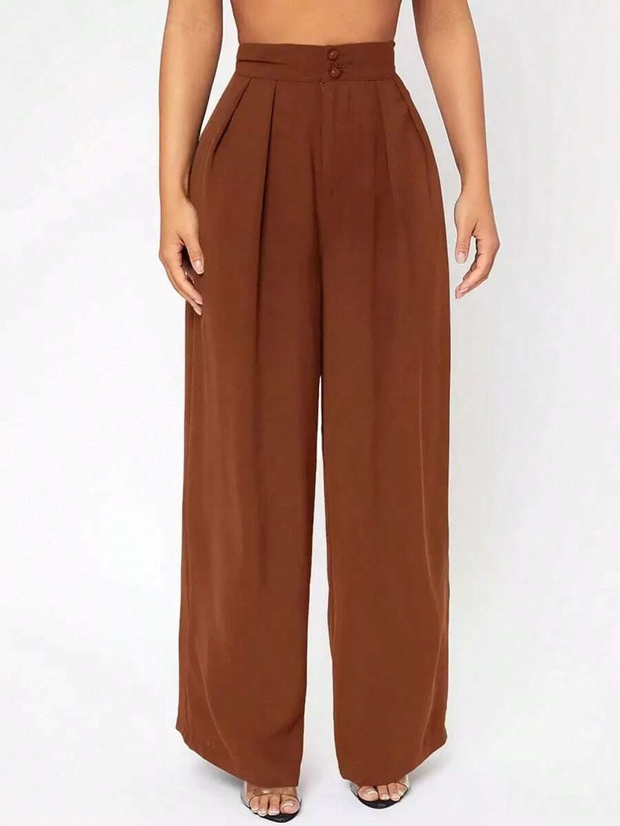 Pantalones negros de vestir de cintura alta con pliegues y pierna ancha - Marrón - Ver 1