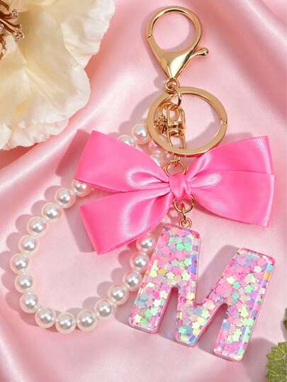 1 pieza Llavero con inicial, Llavero con lazo rosa, Dije de pulsera con perla, Llavero de flor de resina A-Z como regalo
