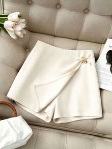 Pantalones cortos de mujer, Faldas de mujer, Pantalones cortos caqui de cintura alta asimétrica con hebilla metálica, estilo casual y versátil, Falda de mujer, Falda-pantalón con dobladillo dividido de doble capa, Vestido y pantalones de mujer co - Beis - Ver 2