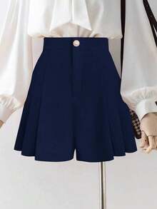 Nuevos shorts casuales, elegantes y cómodos para mujer, con cintura elástica, de línea A, con cierre frontal de cremallera y tejido plisado - Azul marino - Ver 6