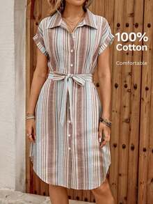 Vestido midi casual de mujer con botones frontales a rayas, vestido de verano con cintura anudada, vestido de trabajo de verano, vestido preppy, vestido con botones para mujer, vestido a rayas azul, vestidos de verano para mujer, conjuntos de v - Multicolor 2 - Ver 4