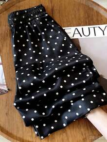 Pantalones rectos de satén con cintura alta, cintura con cordón y estampado de lunares, adecuados para vacaciones, ceremonias de graduación, festivales de música, estilo bohemio, 4 de julio, uso casual - Blanco y Negro - Ver 2