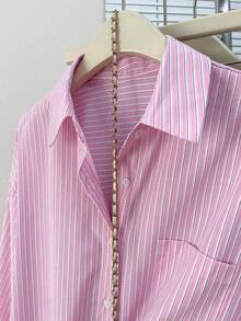 Camisa de manga larga con estampado de rayas, versátil y casual para vacaciones, para mujer - Rosa Pálido 2 - Ver 4