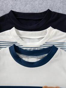 Set da 3 magliette a maniche lunghe casual da ragazzo, con stampe e motivi a righe, collo rotondo, adatte per la primavera/autunno - Blu - Visualizzare 4