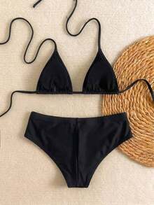 Nuevo conjunto de bikini con estampado de lunares sexy, espalda descubierta y lazo, con tirantes de espagueti para playa y piscina en vacaciones - Color negro sólido - Ver 3