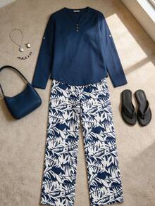 Women's 2 Piece Outfits, Long Sleeve Henley Top & Tropical Print Wide Leg Pants Set, Casual Loose Loungewear For Vacation, Beach, Daily Wear - Màu xanh bạc hà - Xem 2