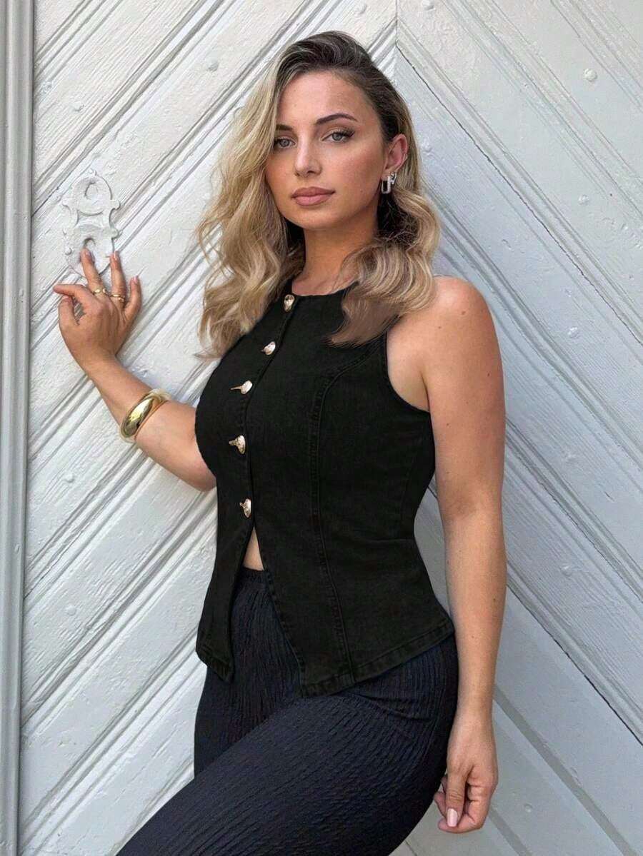 Camisa vaquera sin mangas con botones delanteros lavada para mujer - Negro - Ver 1
