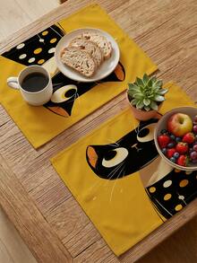 4 Pcs Cat Pattern Placemats Retro Style Placemats Heat Resistant Easy Clean Washable Daily Decorative Placemats Suitable For Kitchen Home Indoor Outdoor Tabletop Coffee Bar Dining Table Tea Party - Yellow - View 5