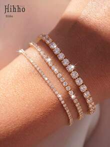 Hihho 1pc/3pcs Set Pink, Transparent White, Turquoise Plated Tennis Bracelet, Sparkling Cubic Zirconia Design, Adjustable Sliding Clasp, Suitable For Women Wedding Bridesmaid Gala Birthday Valentine's Day Anniversary Christmas Mother's Day Engagement Graduation - Multicolor - View 7
