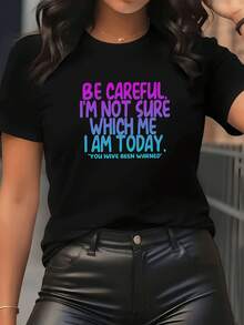 Talla Grande - Talla Grande - Y2K Talla Grande 0XL-8XL Disponible, Ten Cuidado, NO ESTOY SEGURA DE QUÉ ES ESO HOY.¡Te He Avanzado.Camiseta de Mujer Talla Grande Elegante, Holgada, de Manga Corta con Estampado de Letras, Top Casual de Moda Talla Grande Lindo - Negro - Ver 3