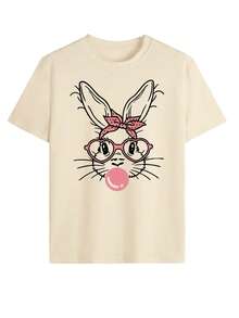Cute Bubblegum Bunny Graphic Tee, Retro Heart Glasses Rabbit Print T-Shirt, Coquette Aesthetic Casual Short Sleeve, Trendy Playful Animal Top - Albaricoque - Ver 1