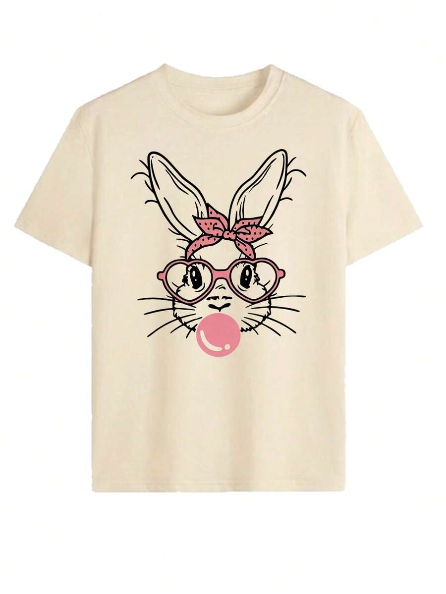 Cute Bubblegum Bunny Graphic Tee, Retro Heart Glasses Rabbit Print T-Shirt, Coquette Aesthetic Casual Short Sleeve, Trendy Playful Animal Top - Albaricoque - Ver 1